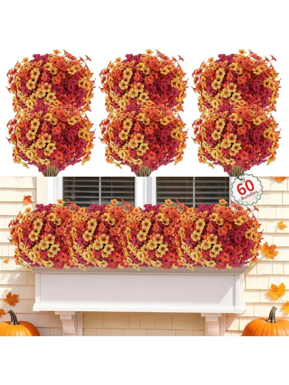 60 Pack Fall Mums Artificial Flowers for Home Decor & Events - Indoor/Outdoor